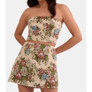 Womens M Floral Brocade Skirt & Strapless Crop Barbiecore Coquette Festival‎ Y2K